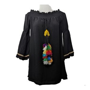TeaNCup Women's Size S Smocked Black Festive Bell Sleeves Peasant Multicolor Top